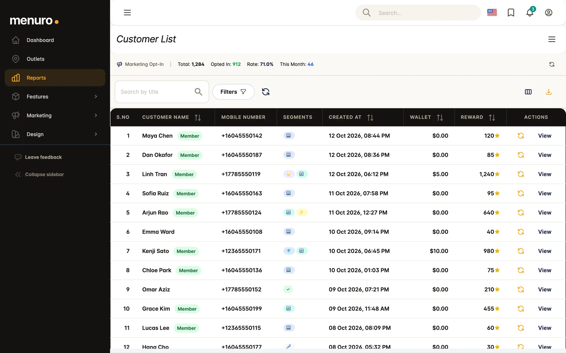 Menuro dashboard customer list with phone numbers, wallet and reward points