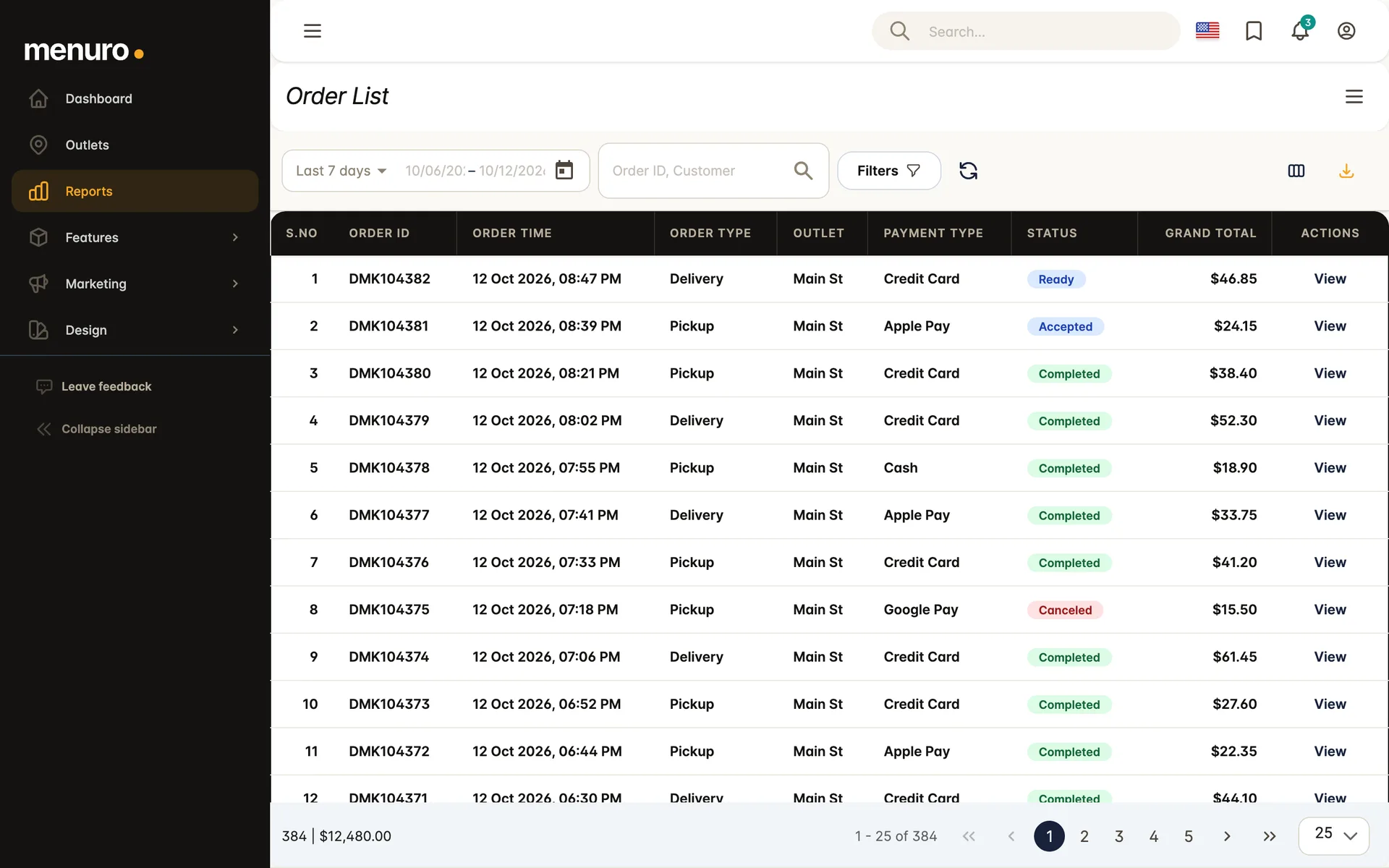Menuro order list with order type, outlet, payment type, status and total