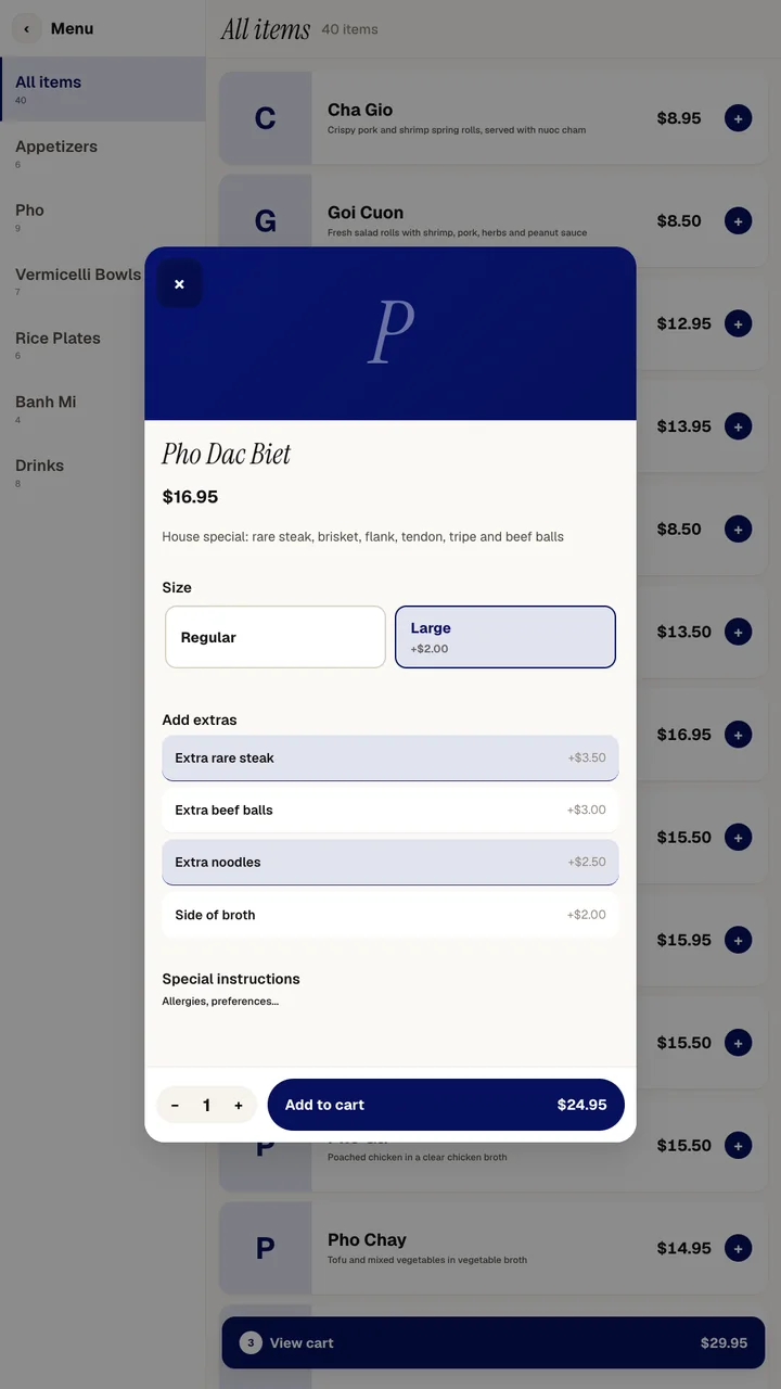 Kiosk item screen with size options, extras and special instructions