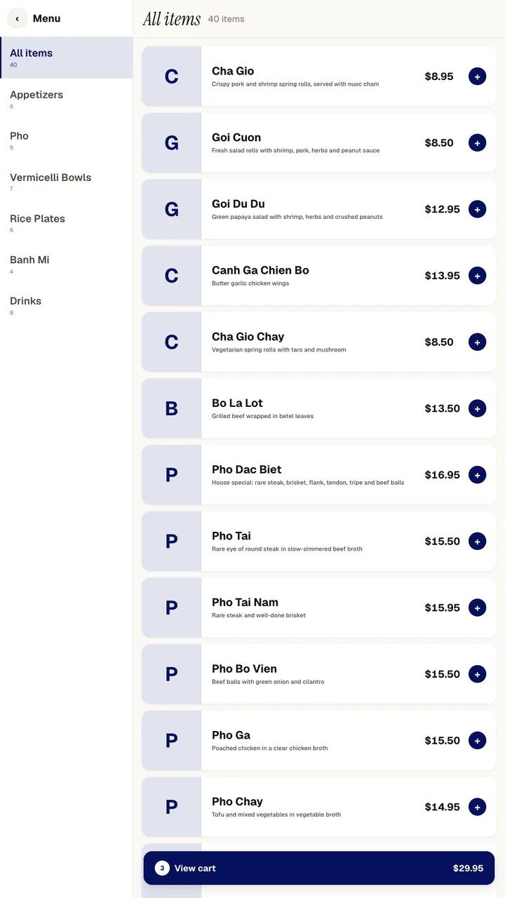 Menuro self-order kiosk menu with a category rail and a View cart button