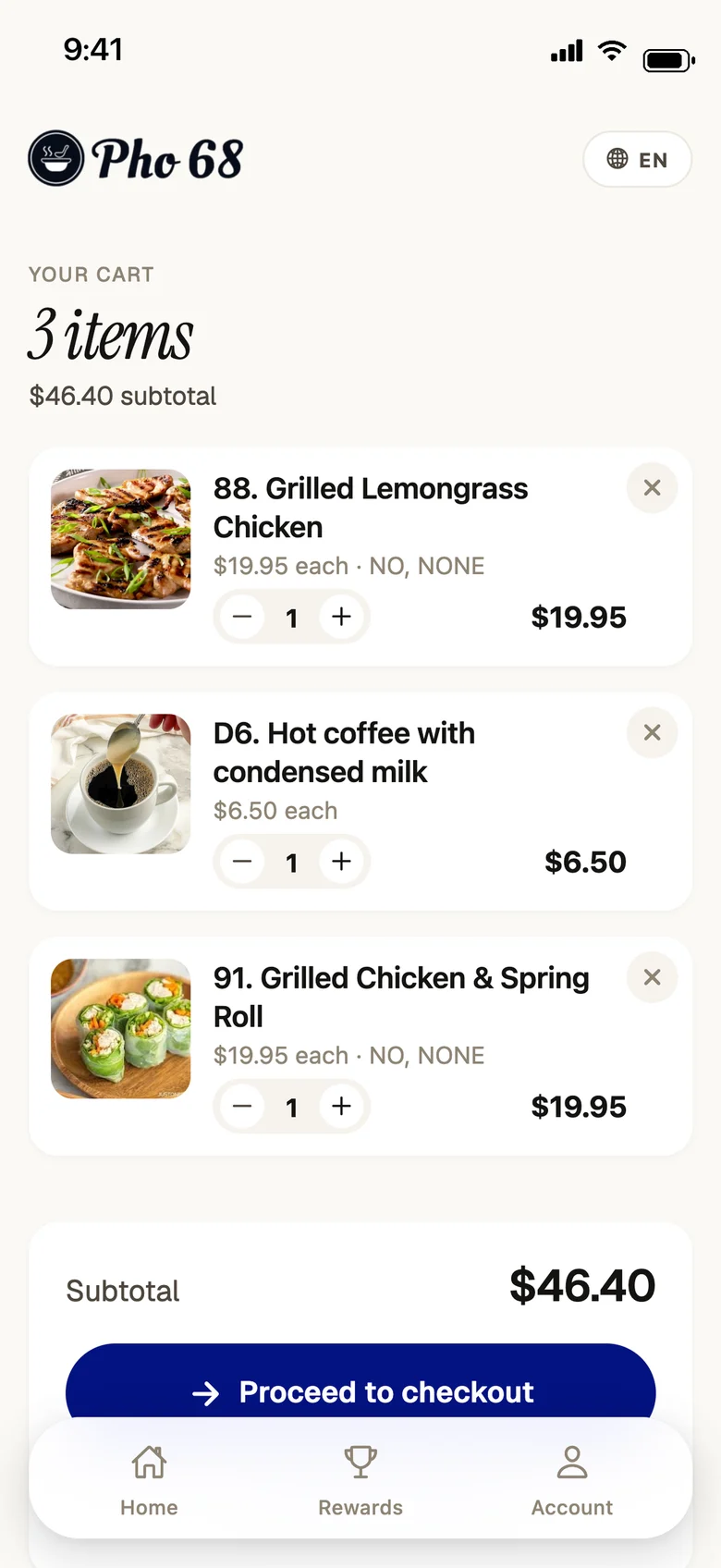 Pho 68 app cart with three items and a $46.40 subtotal