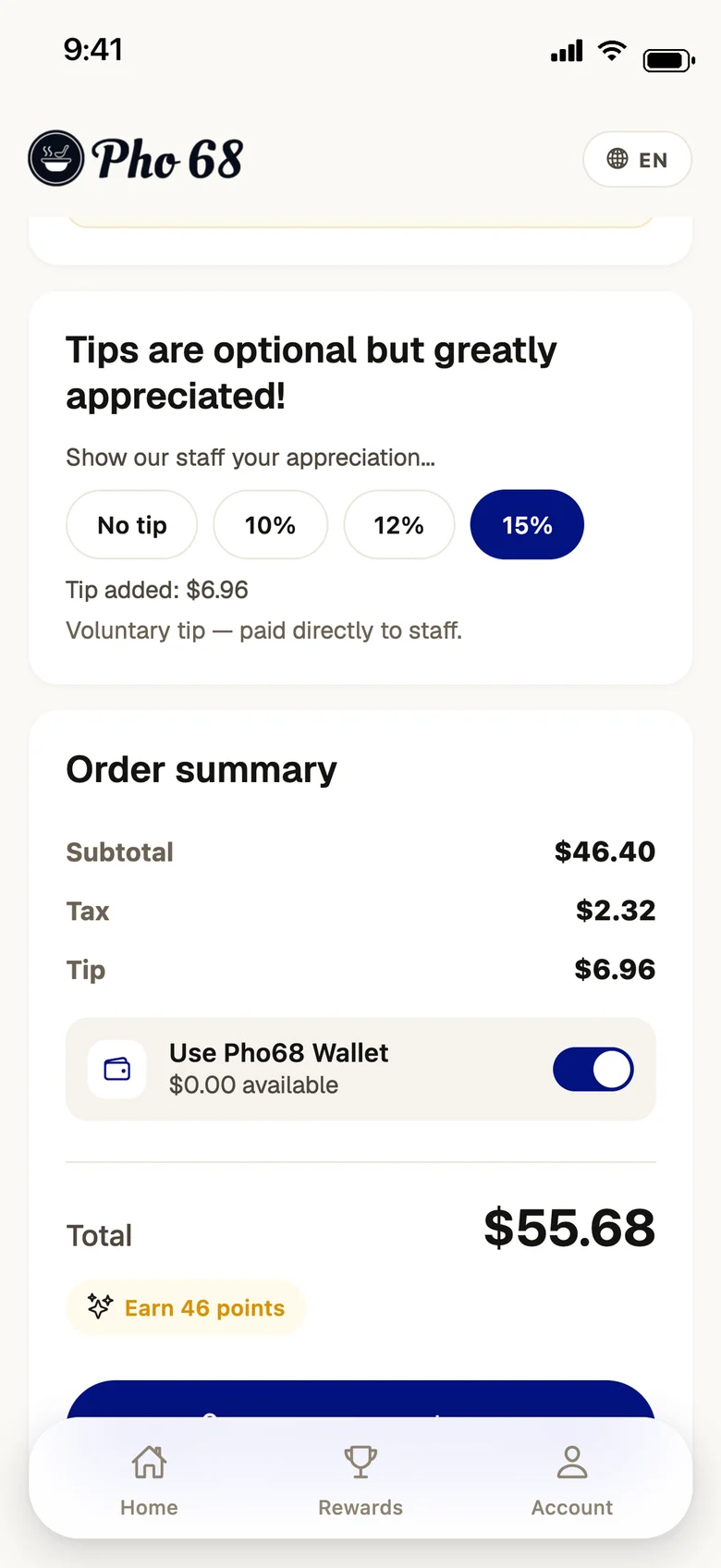 Pho 68 app checkout with tip options, wallet and points earned