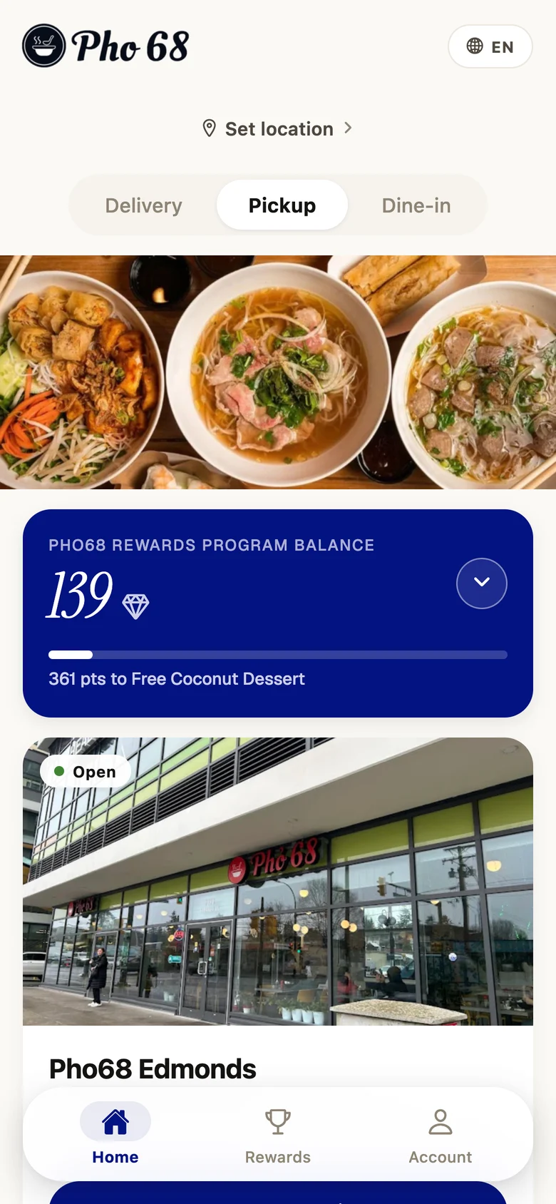 Pho 68 branded ordering app home screen