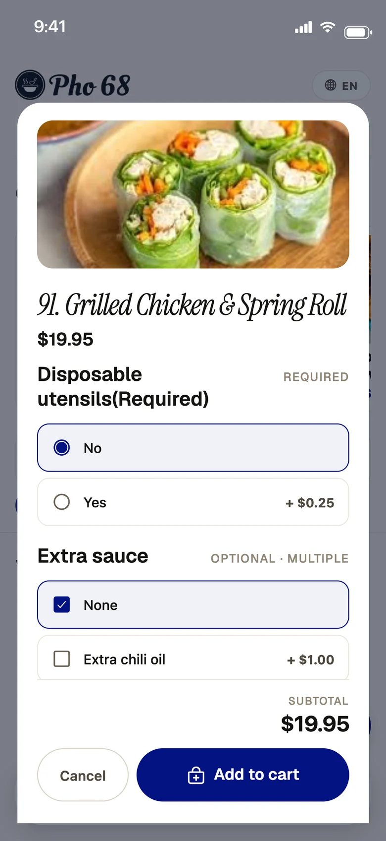 Pho 68 app item screen with required and optional add-ons