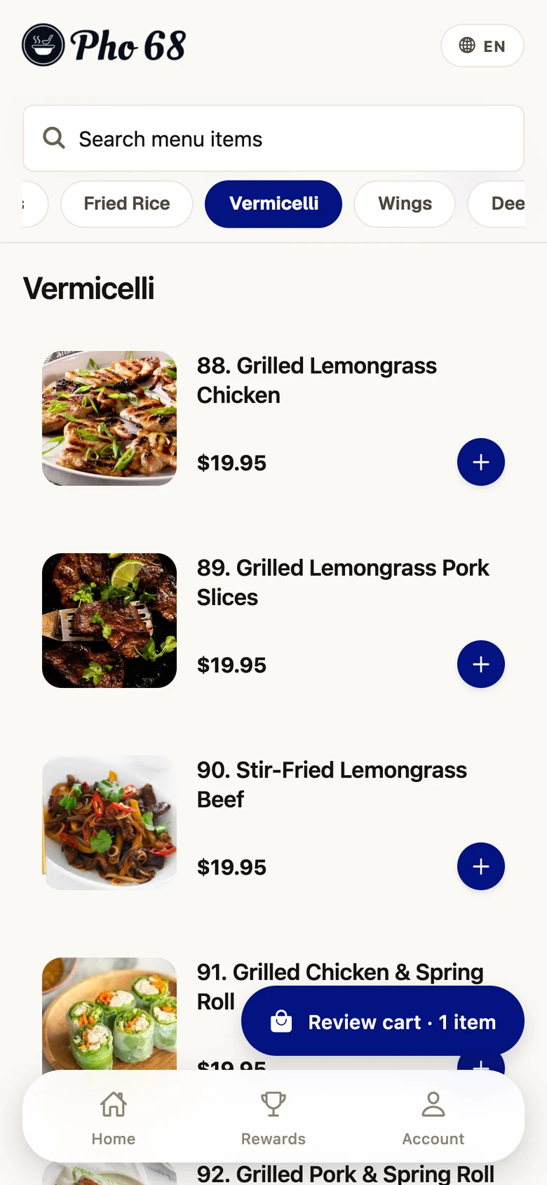 Pho 68 app menu showing vermicelli dishes with photos and prices