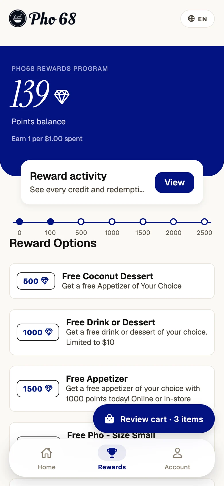 Pho 68 app rewards screen with points balance and reward options