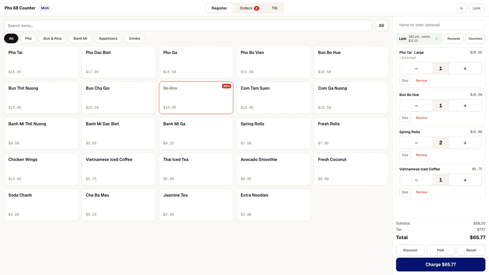 Menuro POS register with the menu grid, an 86'd item and a cart for a loyalty member