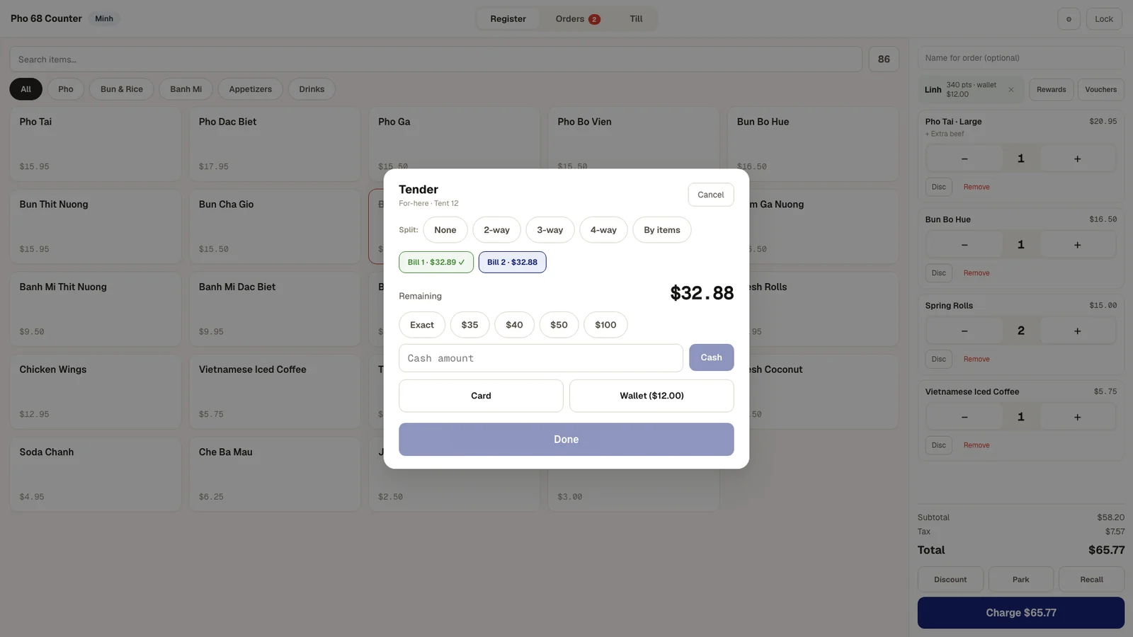 Menuro POS tender screen splitting a bill two ways with cash, card and wallet options
