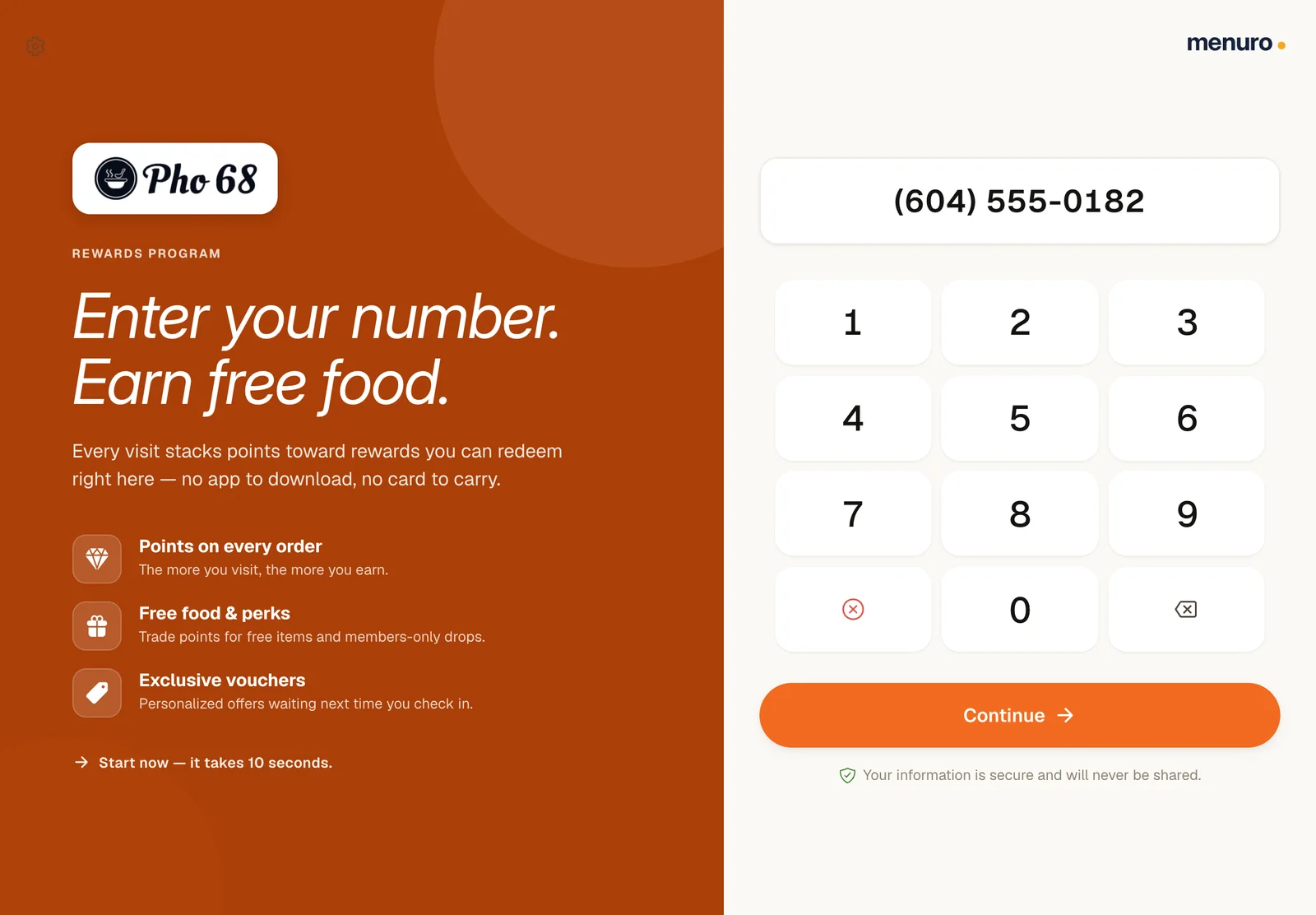 Counter tablet asking a guest to enter their phone number to earn rewards