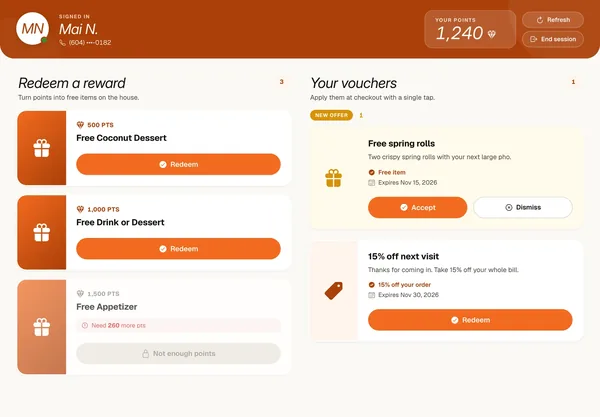 Menuro in-store tablet showing a customer's points, rewards and vouchers