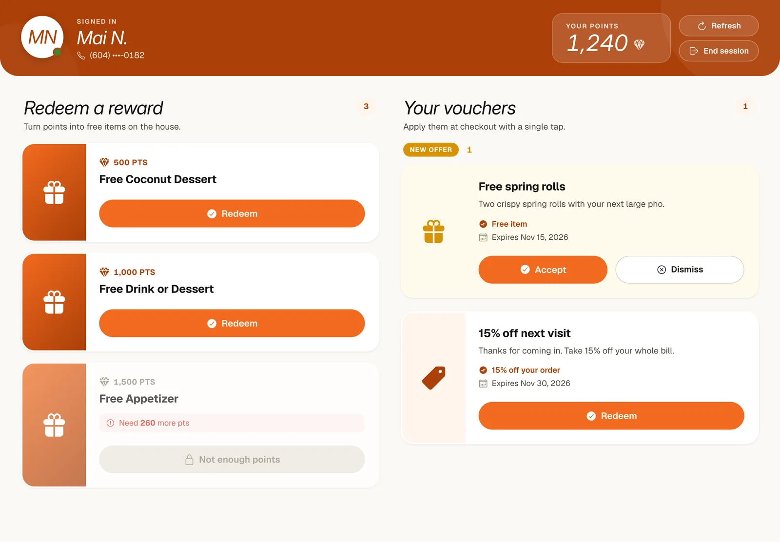 Menuro in-store tablet showing a customer's points, rewards and vouchers at the counter
