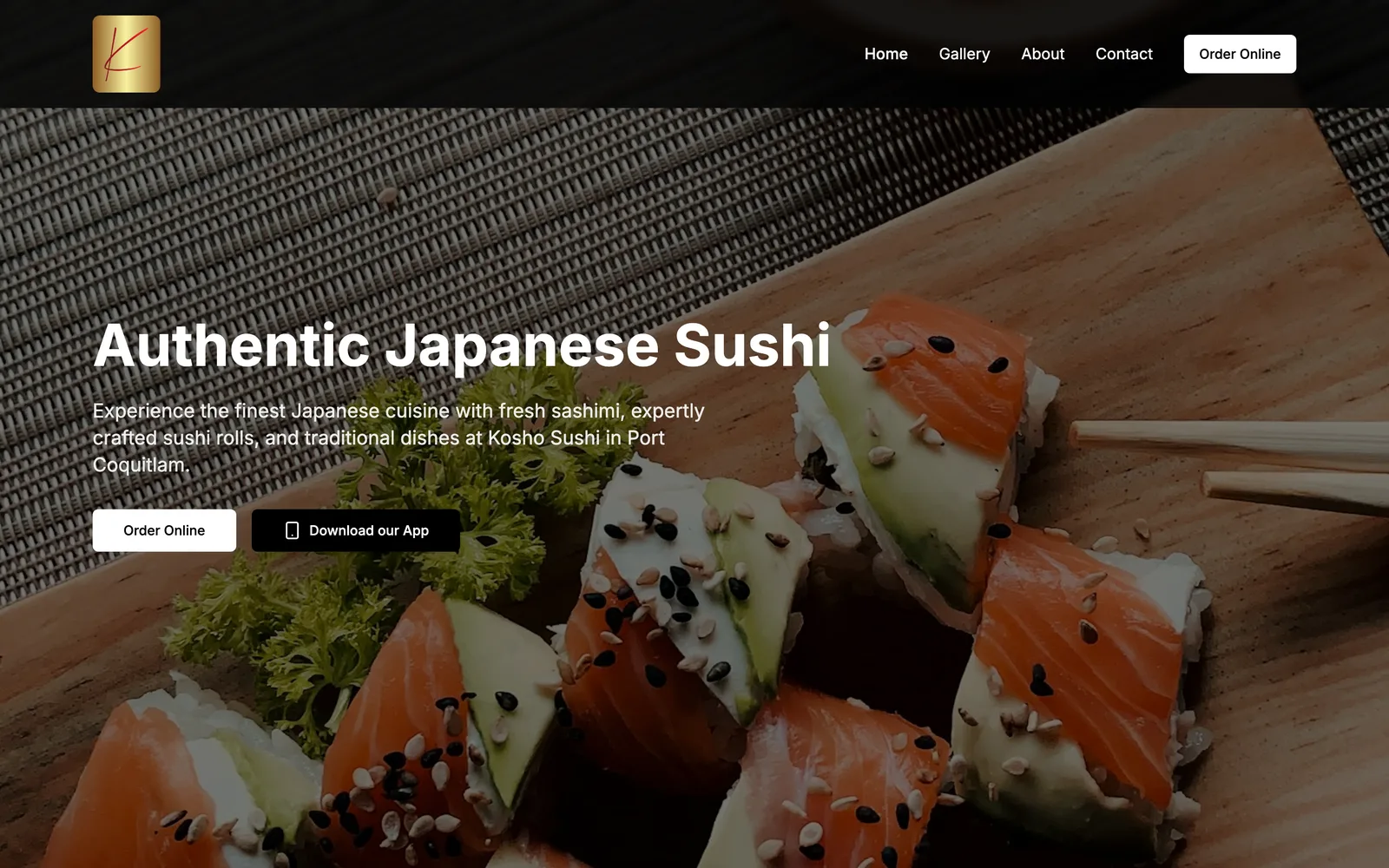 Kosho Sushi website built by Menuro with an Order Online button