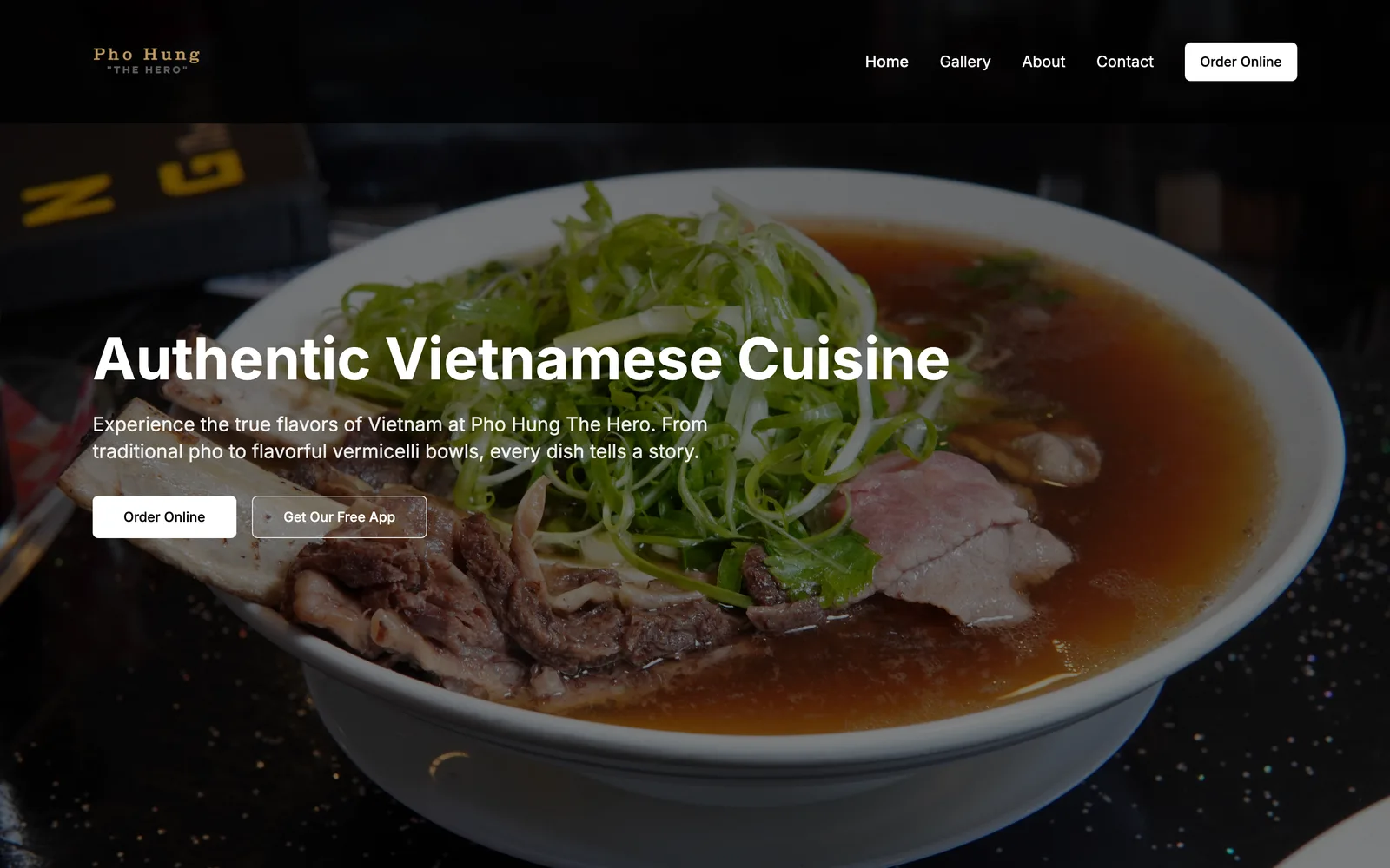 Pho Hung website built by Menuro with an Order Online button