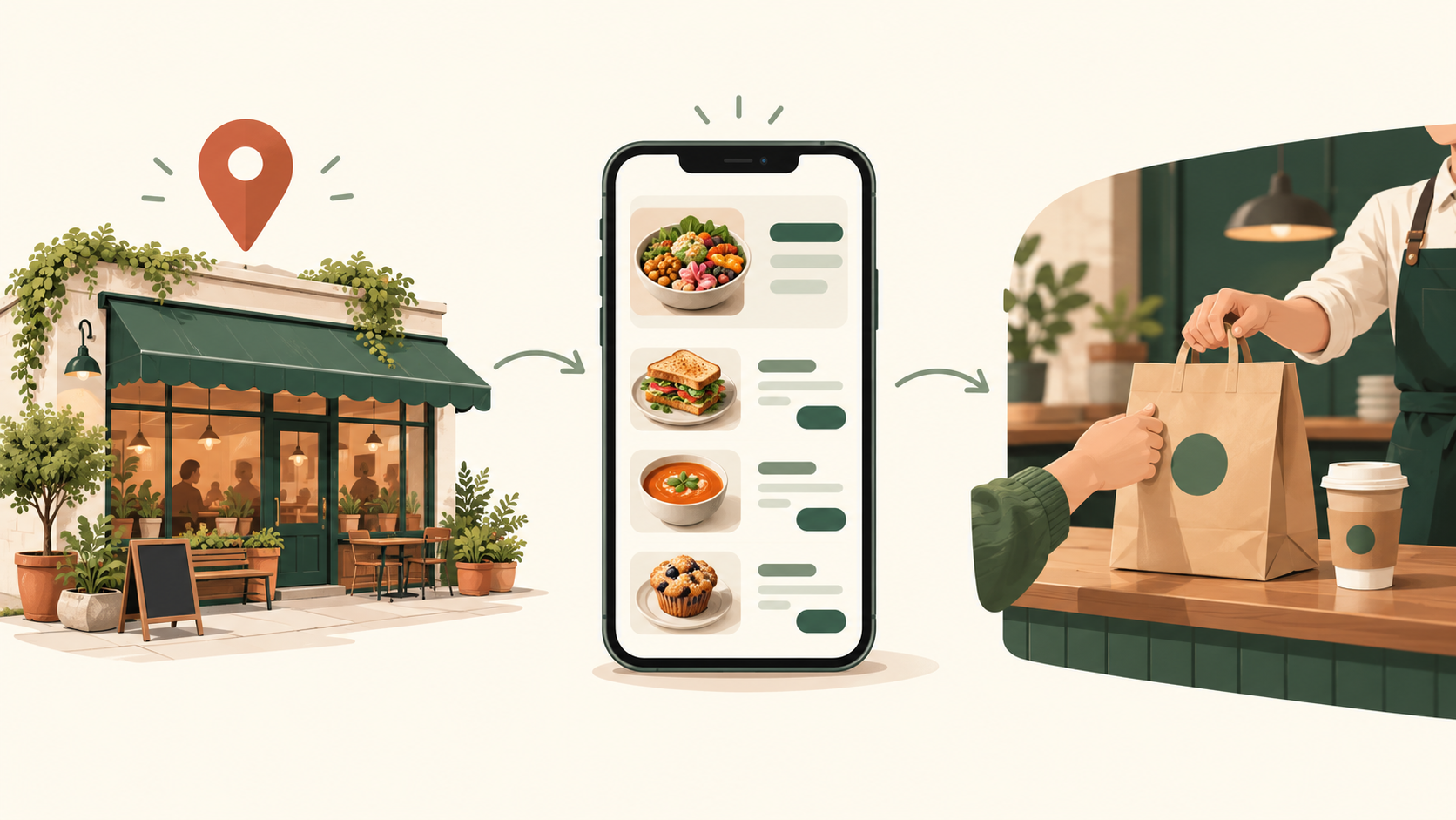 Illustration of a customer finding a restaurant, opening its ordering page, and collecting a takeaway order.