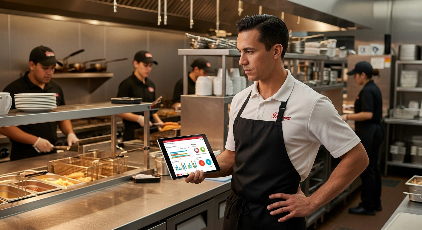 Restaurant manager reviewing AI ordering analytics on a tablet in a quick-service kitchen
