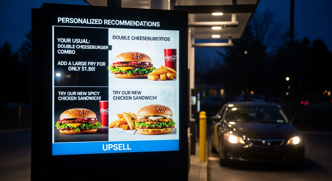 AI-powered digital drive-thru menu board displaying personalized upsell recommendations at a fast-casual restaurant