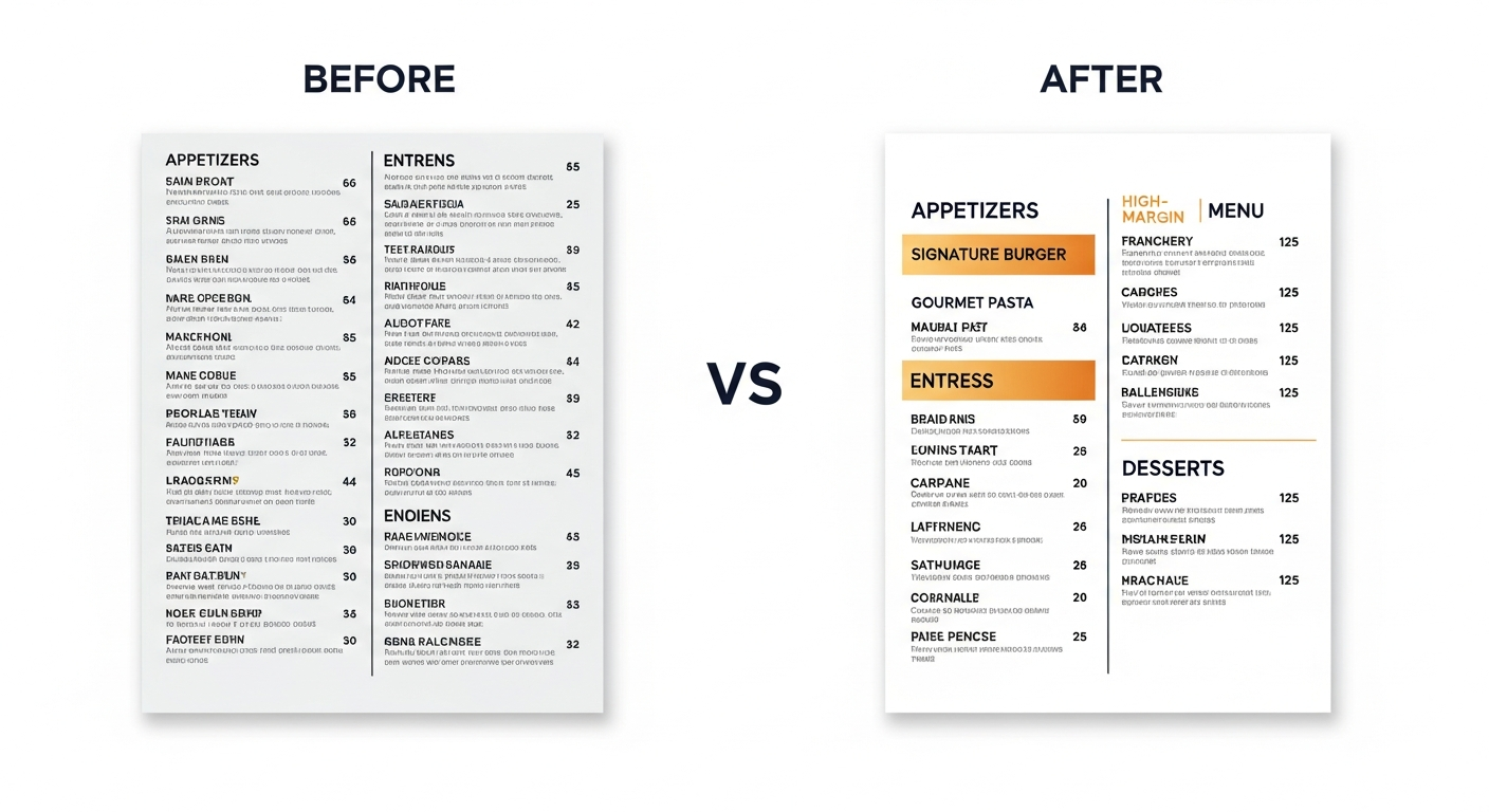 Before-and-after comparison of a cluttered restaurant menu versus an AI-optimized streamlined menu layout highlighting high-margin items