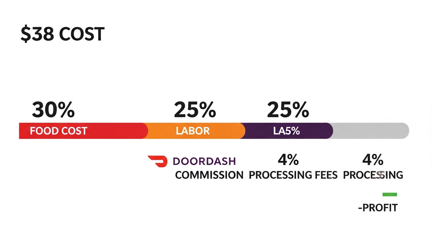 Infographic breaking down a $38 DoorDash order into food cost, labor, commission, processing fees, and remaining profit
