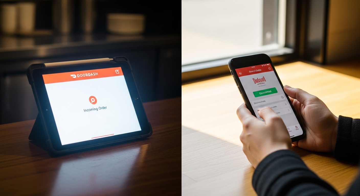 Side-by-side comparison of a DoorDash tablet order and a direct order on a restaurant's own branded app
