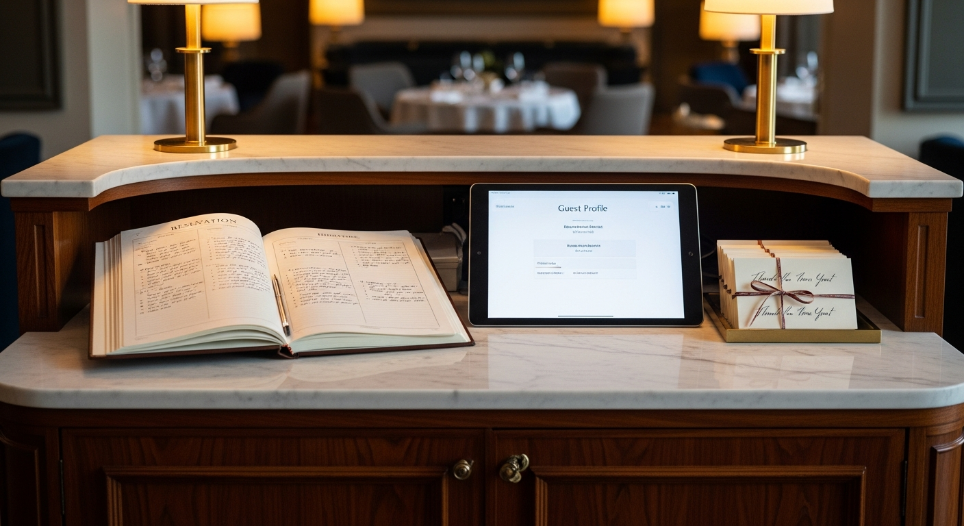 Fine dining host stand with reservation book, tablet showing guest profiles, and handwritten thank-you cards