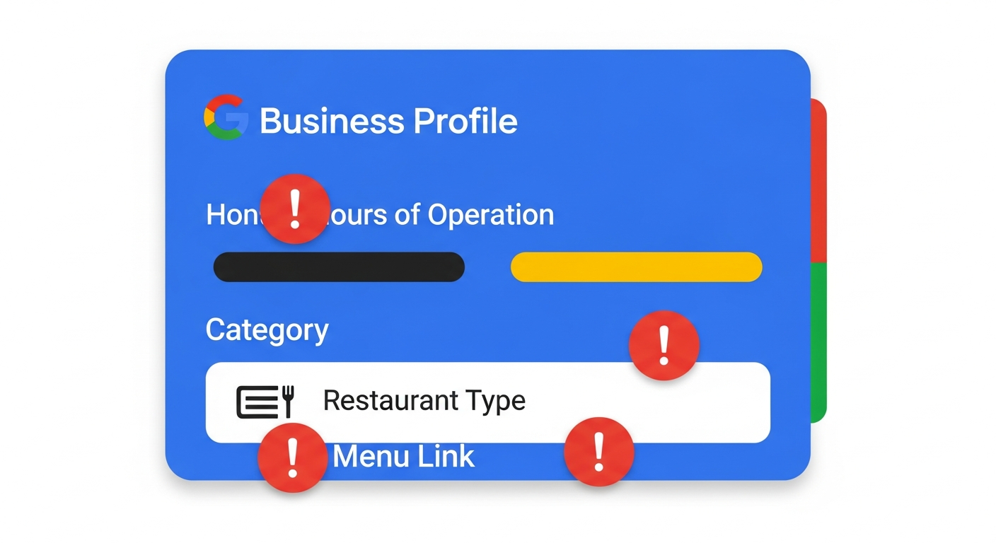 Illustration of a Google Business Profile listing with three common errors highlighted: wrong hours, incorrect category, and missing menu link