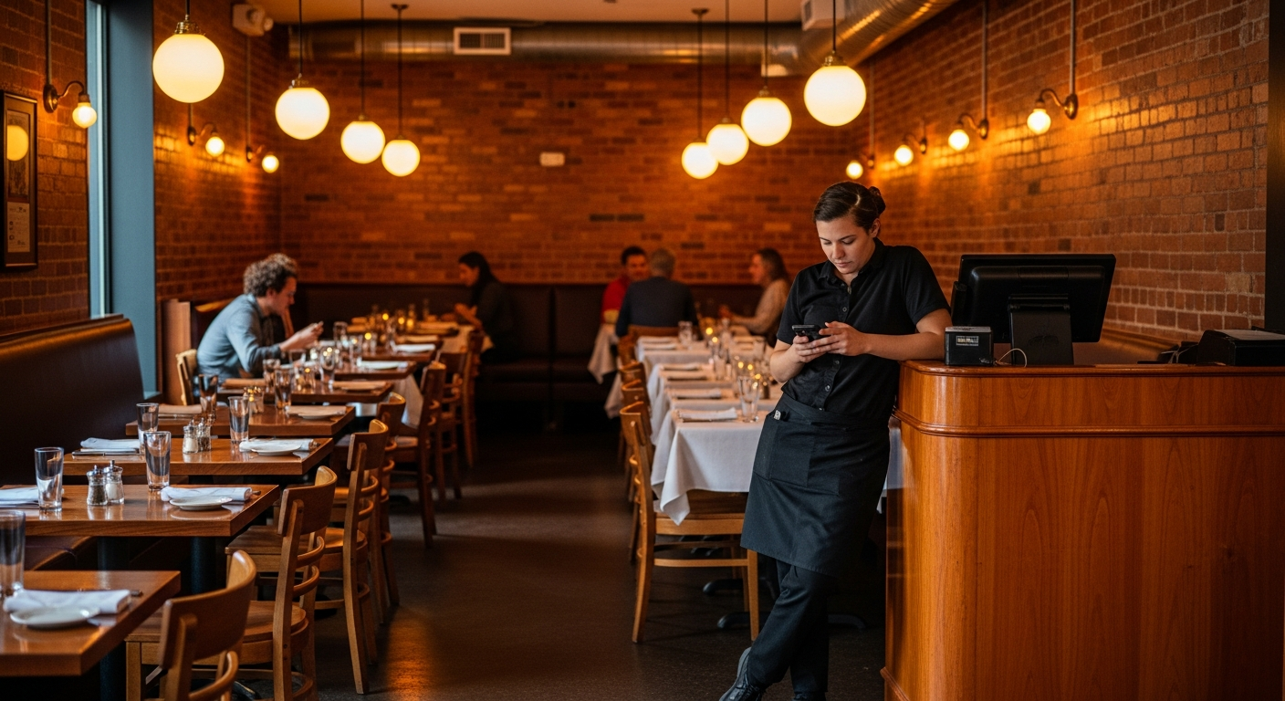 Half-empty restaurant dining room during dinner service with a server waiting near the host stand