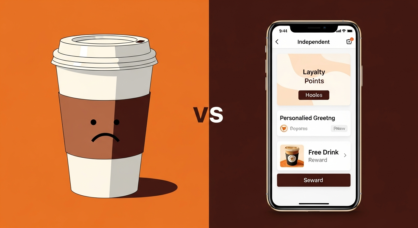 Comparison graphic showing a generic corporate coffee experience versus a personalized independent coffee shop loyalty app with rewards and customer greeting