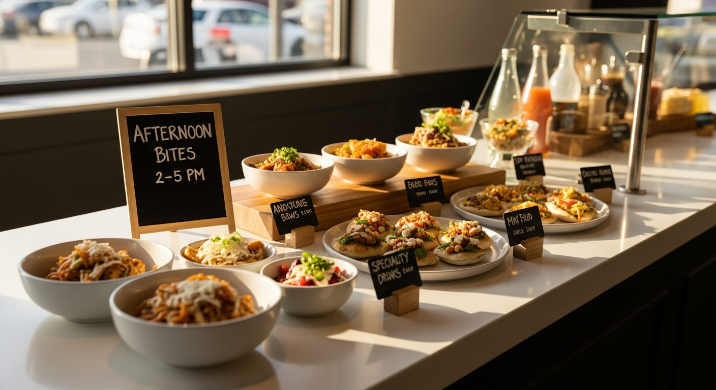 Fast-casual restaurant counter displaying an afternoon snack menu with small plates and specialty drinks during the 2 to 5 PM window