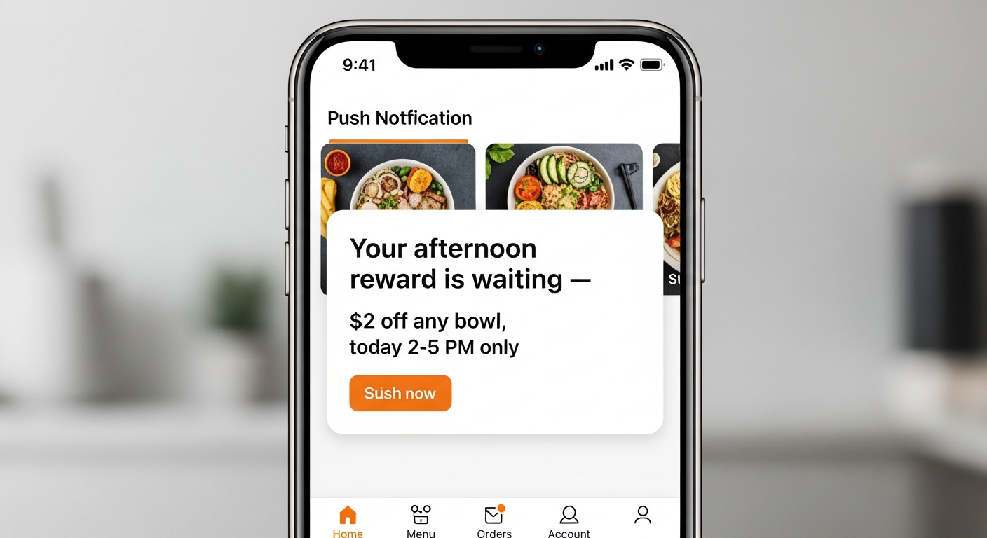 Smartphone displaying a restaurant app push notification with a time-limited afternoon offer for the 2 to 5 PM daypart