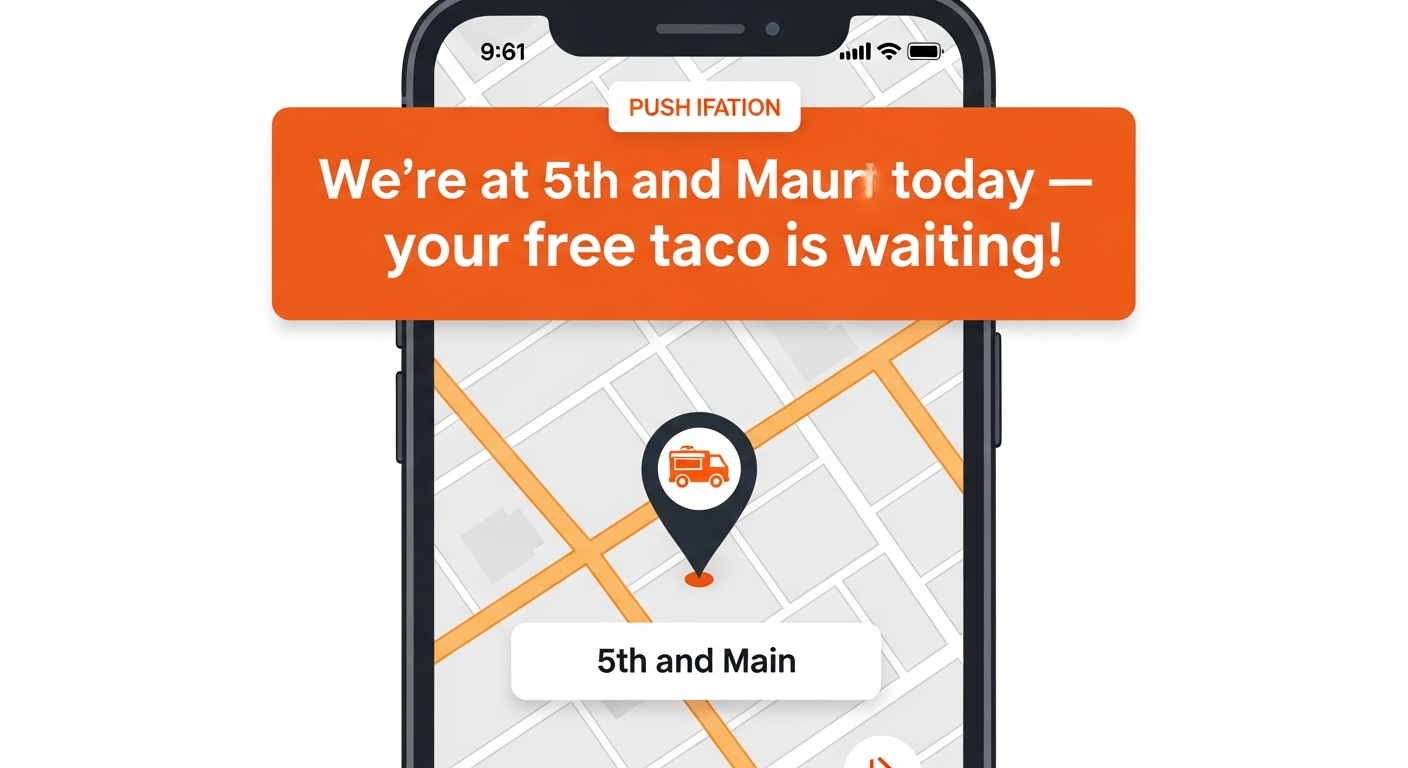 Smartphone displaying a food truck location notification and loyalty reward alert