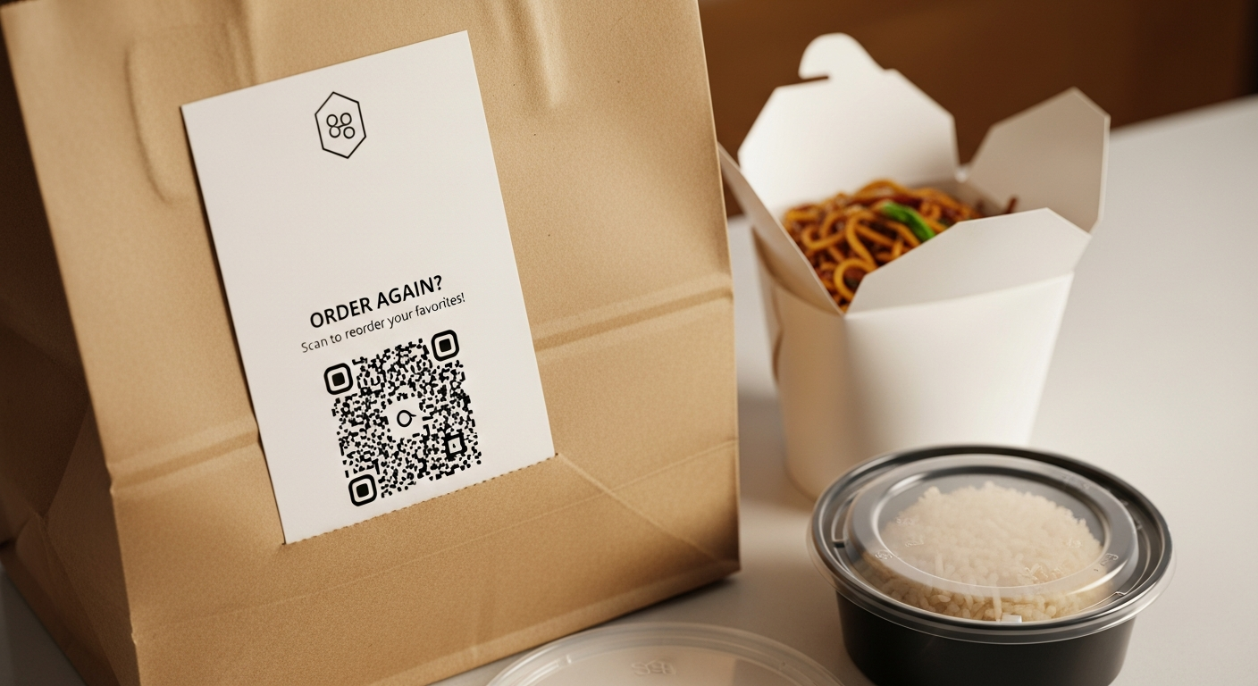 Restaurant delivery bag with a branded card insert featuring a QR code encouraging customers to order directly