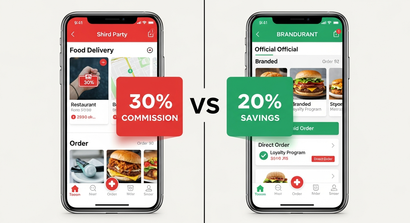 Side-by-side comparison graphic showing third-party delivery app commissions versus savings from direct restaurant ordering