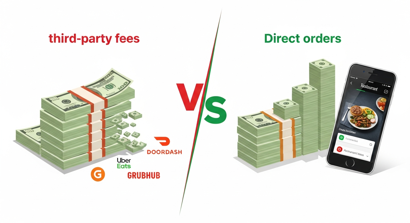 Graphic comparing revenue lost to third-party delivery commissions versus revenue retained through a zero-commission branded restaurant app