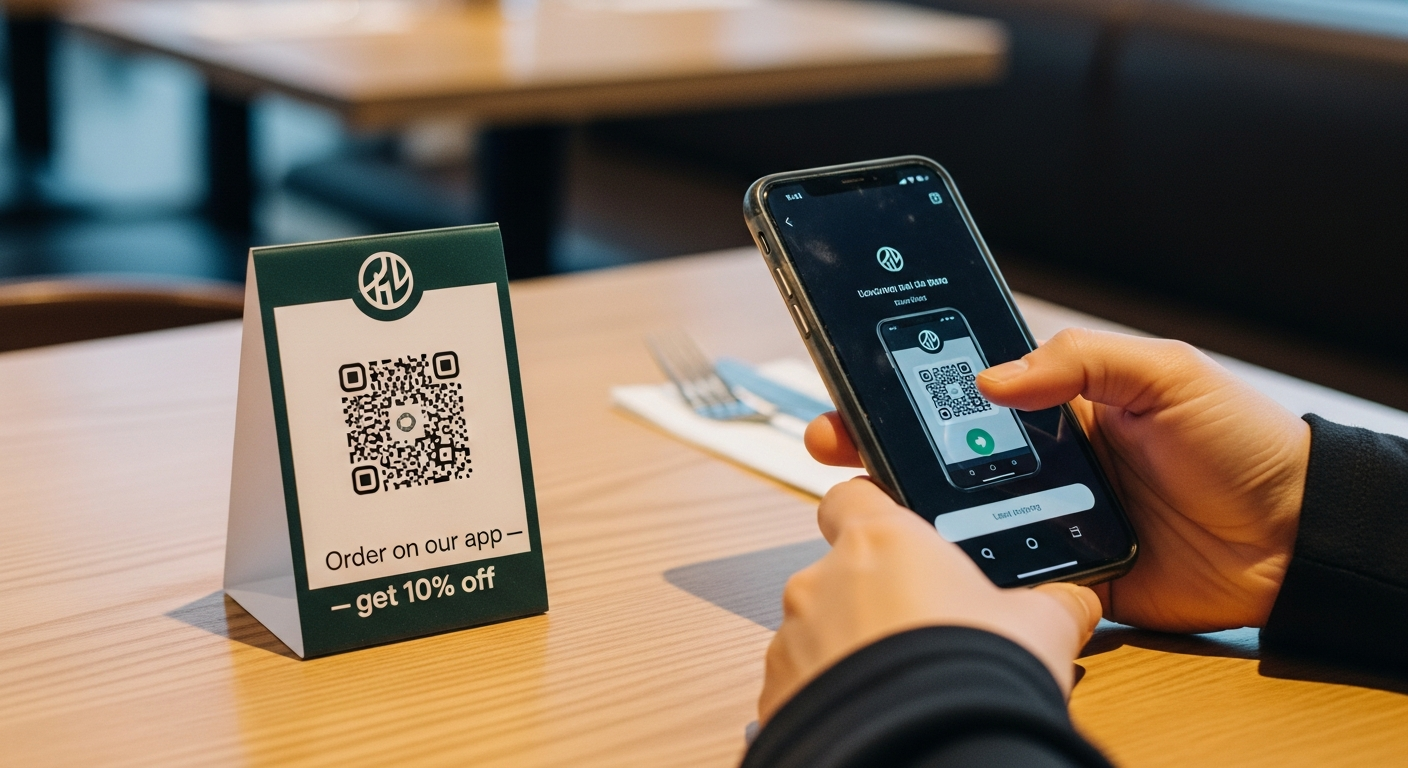 Customer scanning a QR code table tent to download a restaurant's branded mobile app for direct ordering