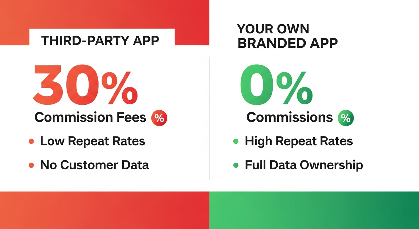 Infographic comparing third-party delivery app costs and limitations versus benefits of a restaurant's own branded white label app