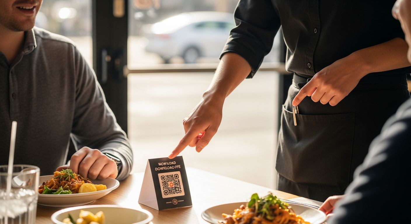 Restaurant server showing a customer a QR code table tent to download the restaurant's branded mobile app