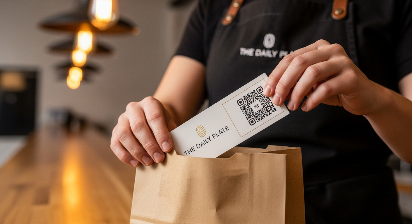 Restaurant staff placing a branded QR code card into a takeout bag as part of a dine-in conversion strategy