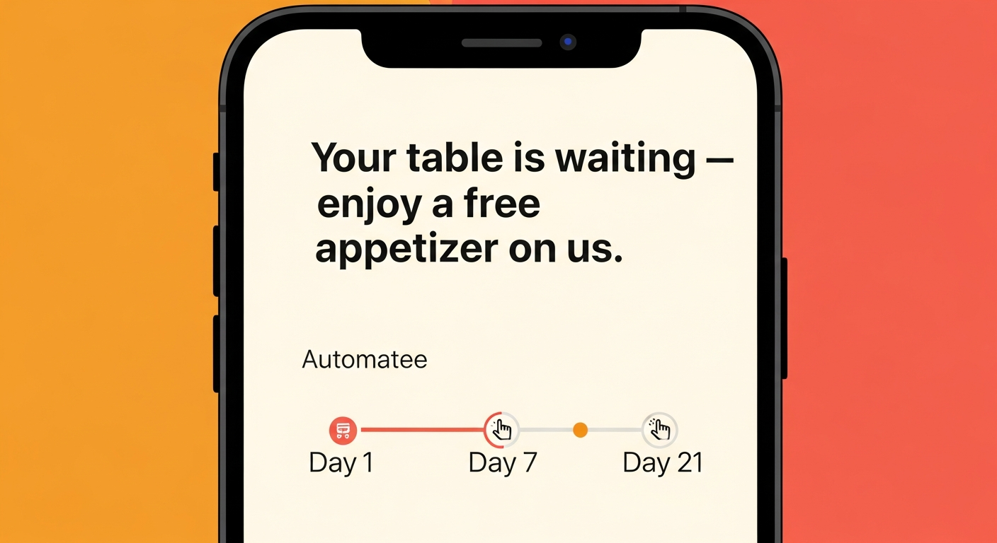 Illustration of an automated restaurant app notification sequence designed to convert takeout customers into dine-in guests