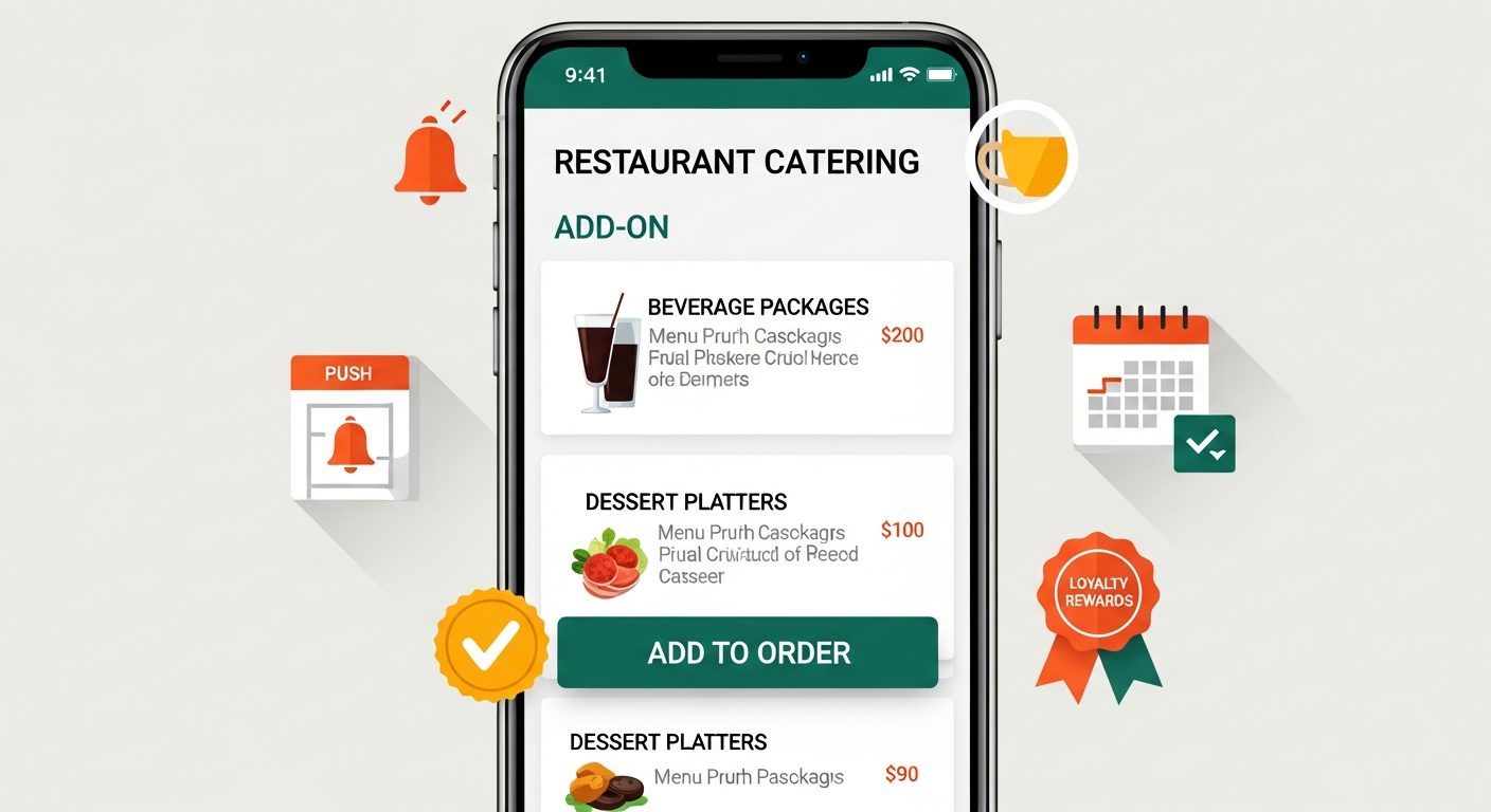 Smartphone displaying a restaurant app catering menu with upsell suggestions, push notification icons, and loyalty rewards badge