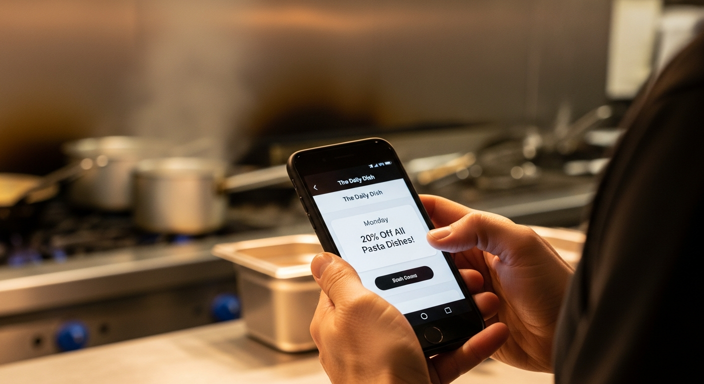 Restaurant owner looking at a Monday special push notification on a smartphone with kitchen in background