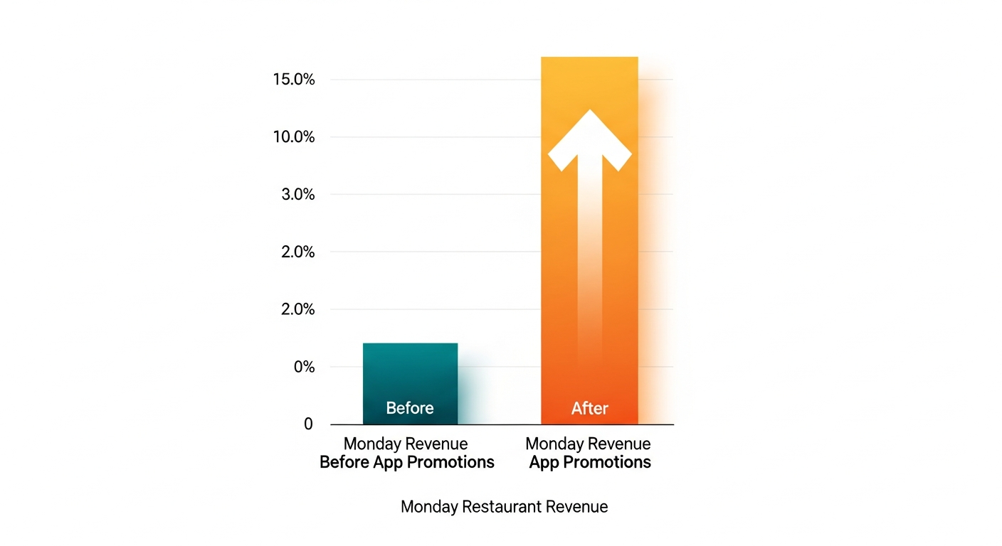 Bar chart showing Monday restaurant revenue increase after implementing app-based promotions