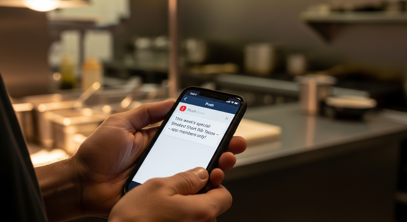 Restaurant owner holding a smartphone showing a weekly specials club push notification from their restaurant app