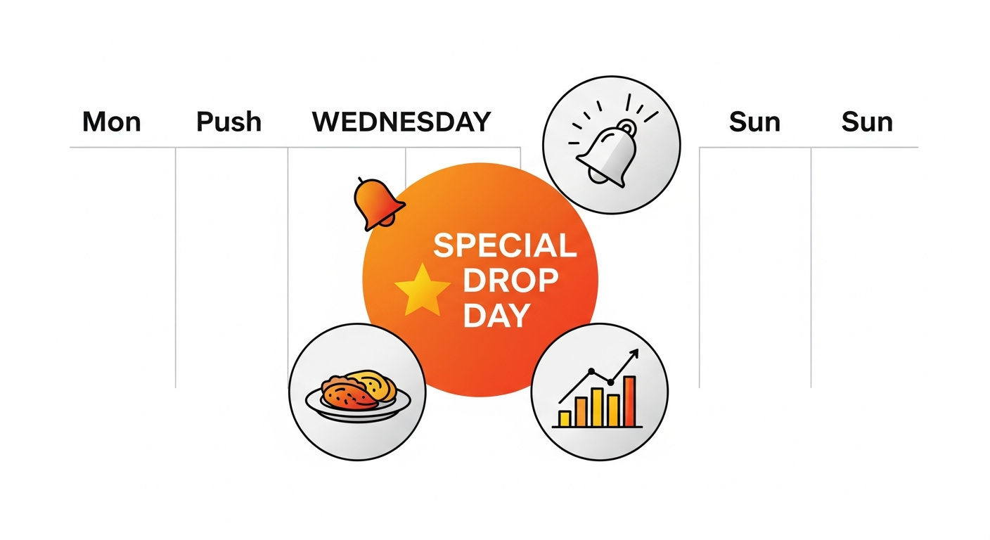 Weekly calendar graphic illustrating a restaurant weekly specials club schedule with push notification and revenue growth icons