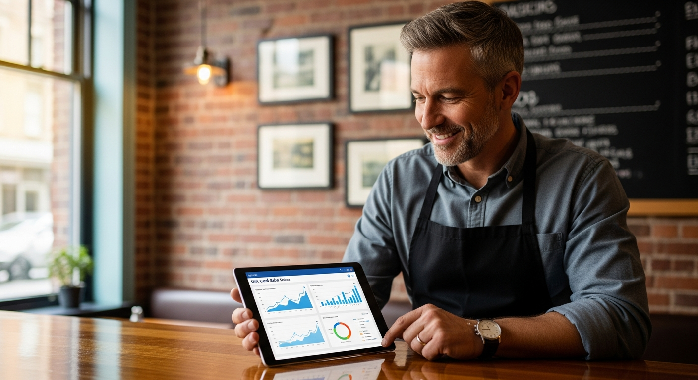 Restaurant owner reviewing gift card sales analytics on a tablet behind the counter of an independent restaurant