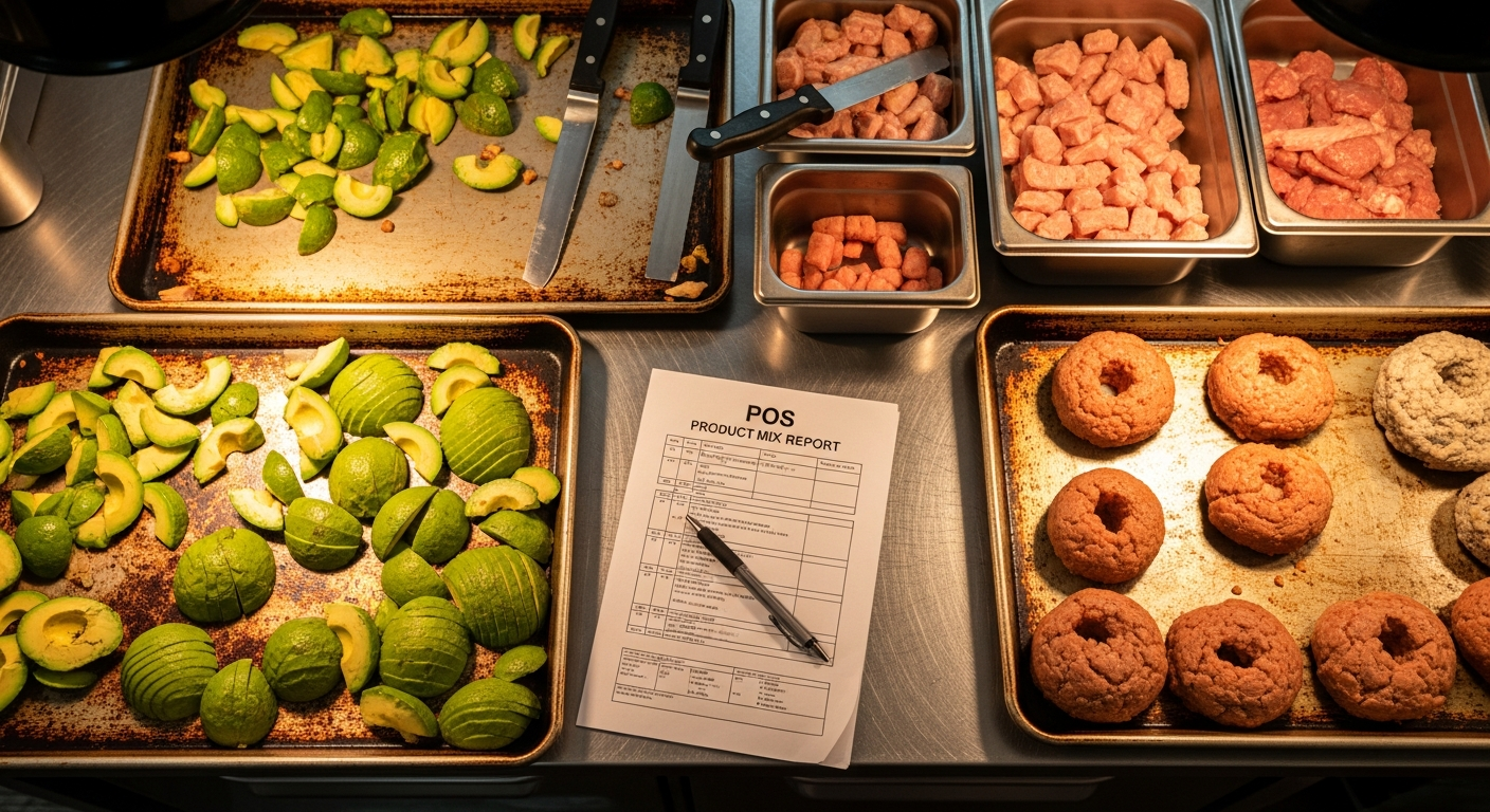 Restaurant prep table with over-prepped ingredients next to a printed POS product mix report