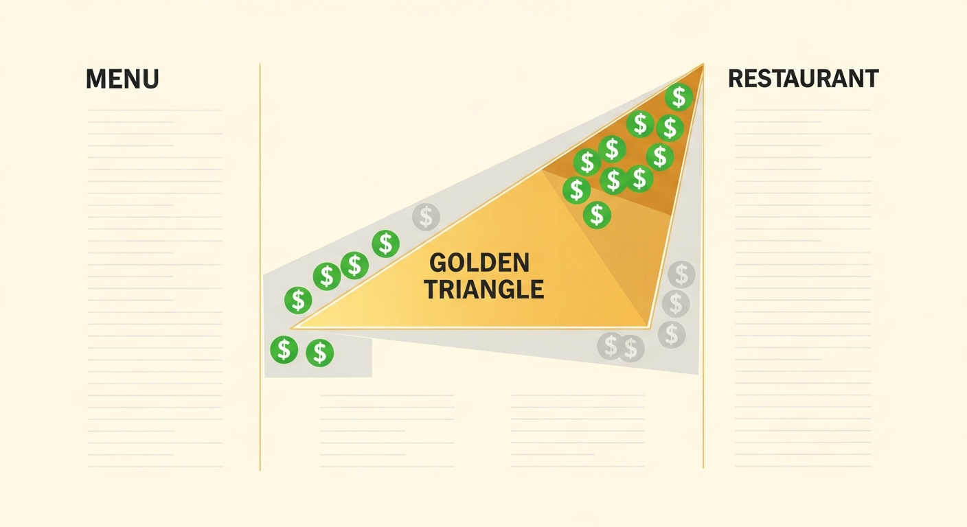 Diagram of the Golden Triangle on a restaurant menu showing where diners look first: center, top-right, and top-left