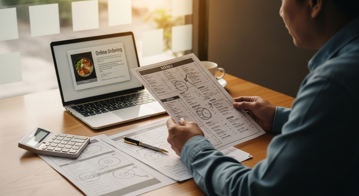 Restaurant owner reviewing printed menu and digital ordering layout side by side with notes and a calculator
