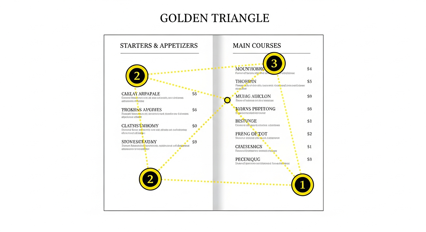 Diagram of the Golden Triangle eye-tracking pattern on a two-panel restaurant menu showing the three zones where guests look first