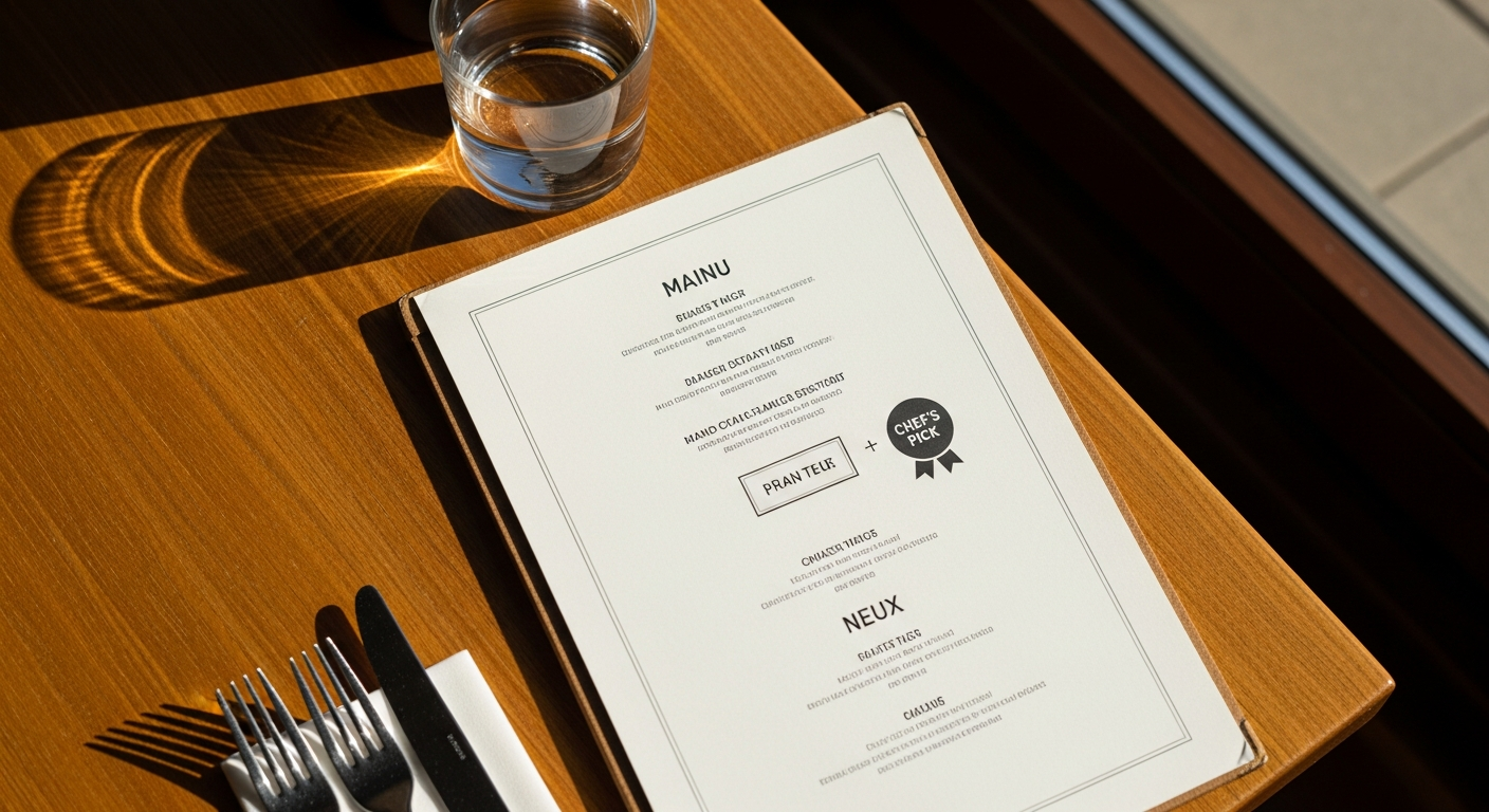 Close-up of a restaurant menu with one high-margin item highlighted with a boxed callout and Chef's Pick badge
