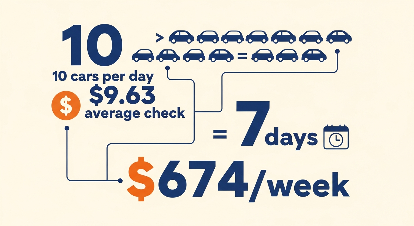 Infographic showing the weekly revenue math of drive-thru walk-away orders: 10 lost cars per day times $9.63 average check equals $674 per week